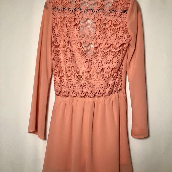 🍀Altar’d State Peach Crochet Long Sleeve Romper - Picture 5 of 9